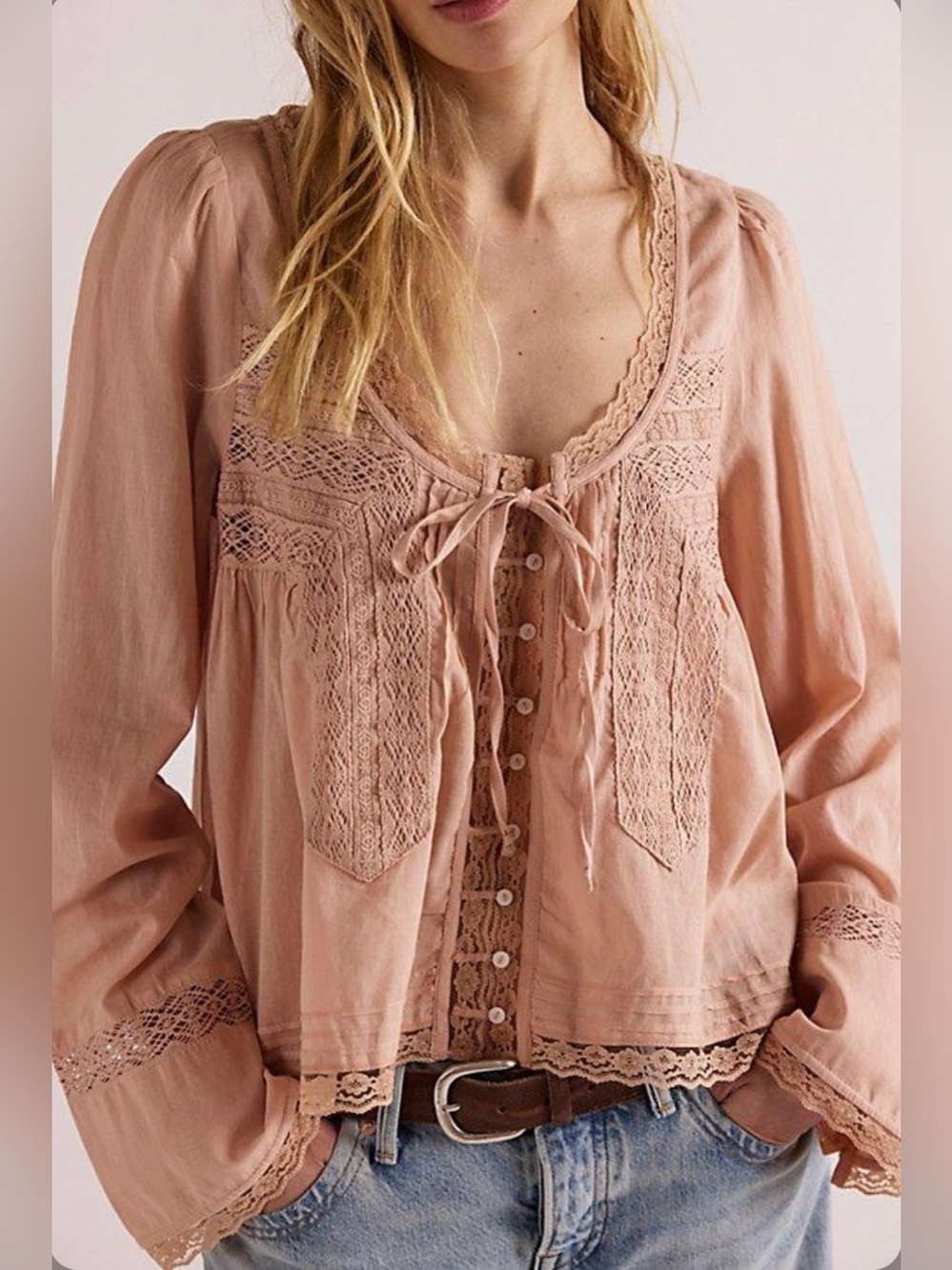 NWT- Free People Lace-Trim Buttoned Peasant Blouse - Pink